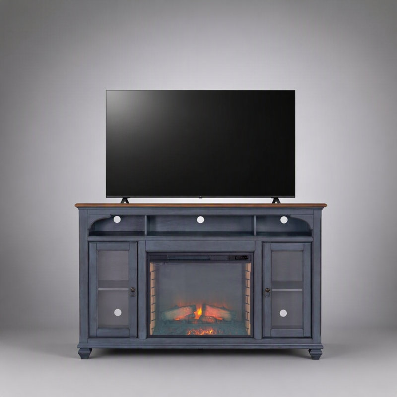 Meuble télé avec foyer électrique de style côtier, réglages de chaleur ajustables et étagères de rangement multimédia spacieuses.