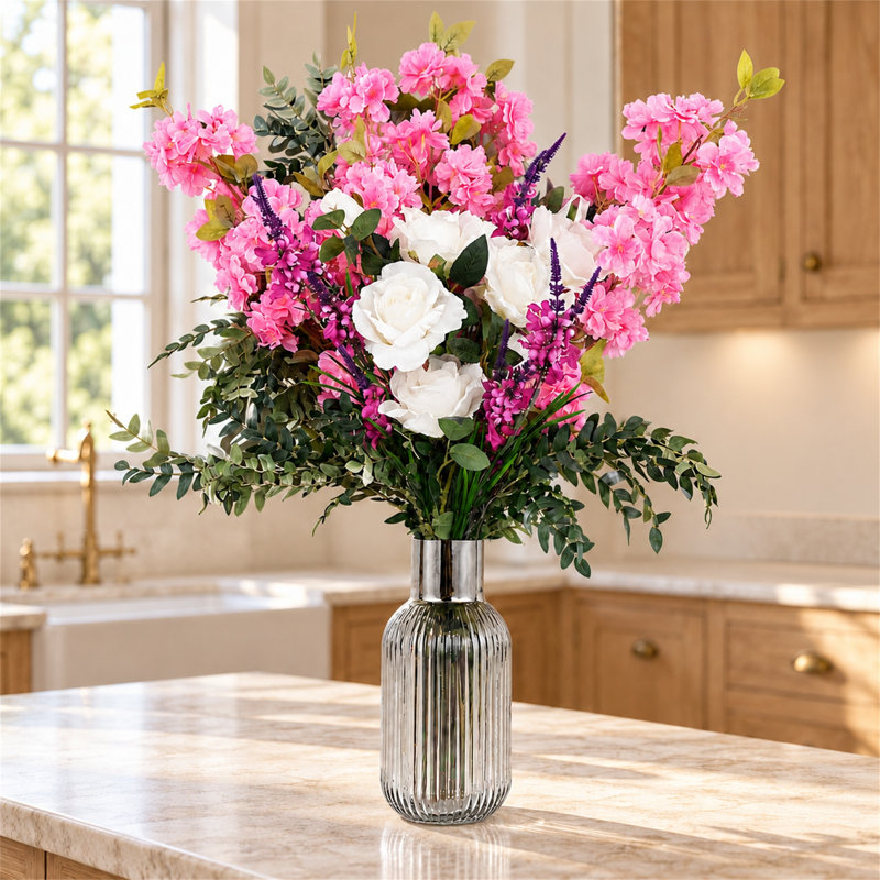 Artificial Faux Floral in Glass Vase, White, 75cm H x 50cm W