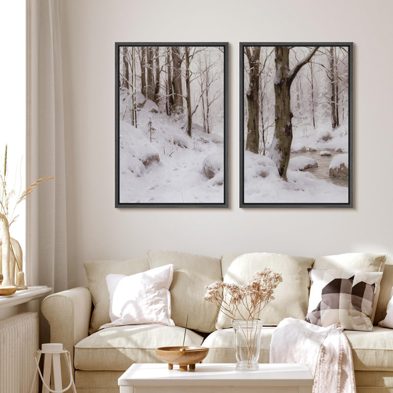 «Winter Forest And Stream Serene Snowy Landscape Nature Wilderness Illustration Decor Scenic», 2 pièces, Cadre noir