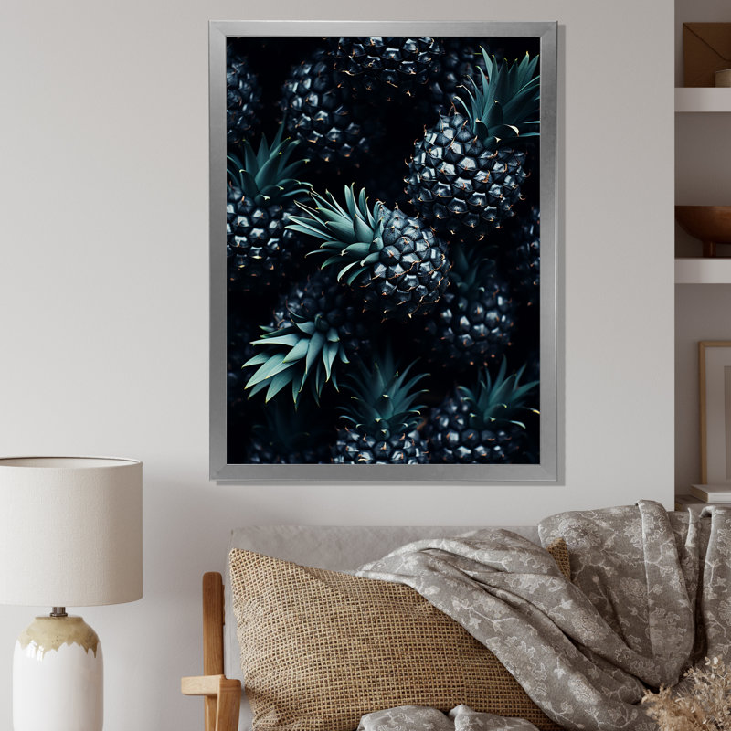 Ananas vert et noir - ananas, art mural, H 32 po x l 24 po x P 1 po, Cadre photo argenté