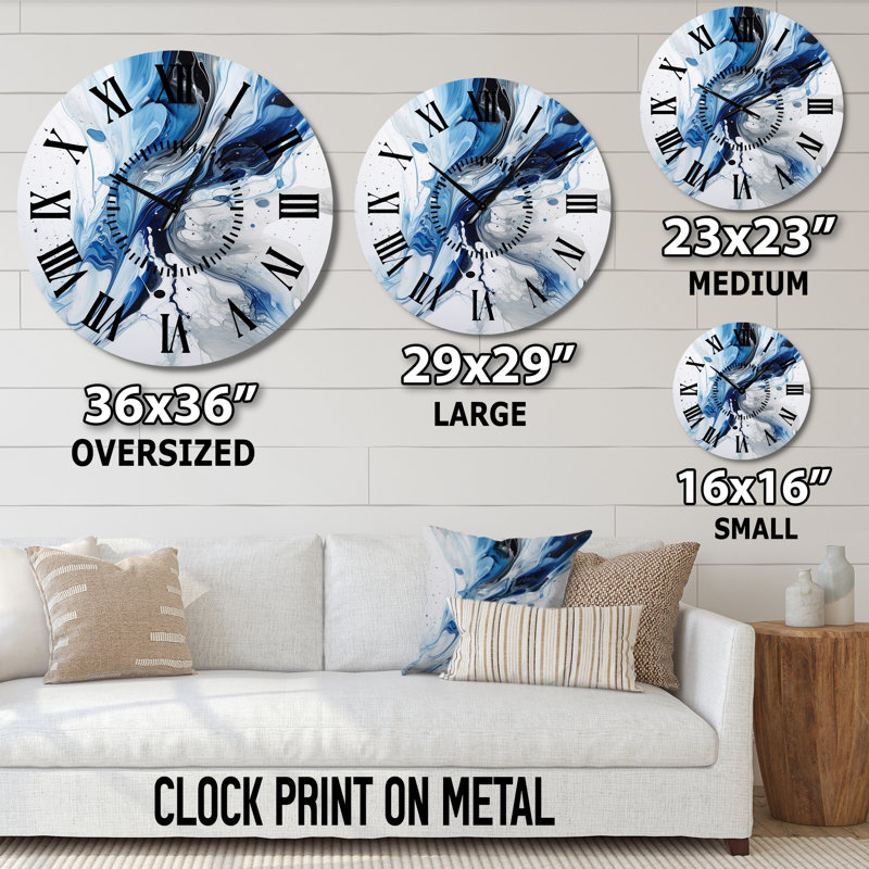 Blue And Grey Ethereal Elixir I - Abstract Black Face Wall Clock, Oversized