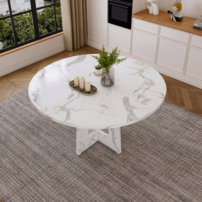 47.24" Round Dining Table For 4 - Farmhouse Mdf Table With Marble White Finish