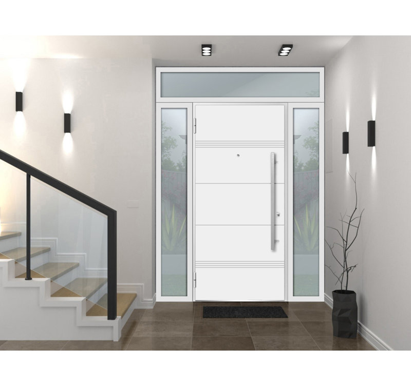 Porte d'entrée extérieure prémontée en acier Deux 1705, émail blanc, 2 fenêtres latérales et supérieures extérieures noires, inserts en acier inoxydable, style moderne, peinte, dimensions : L 14 + 36 + 14 x H 80 + 16, ouverture à droite vers l'intérieur