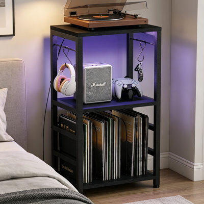 Table de bout avec lumière DEL, support pour tourne-disque et rangement pour albums