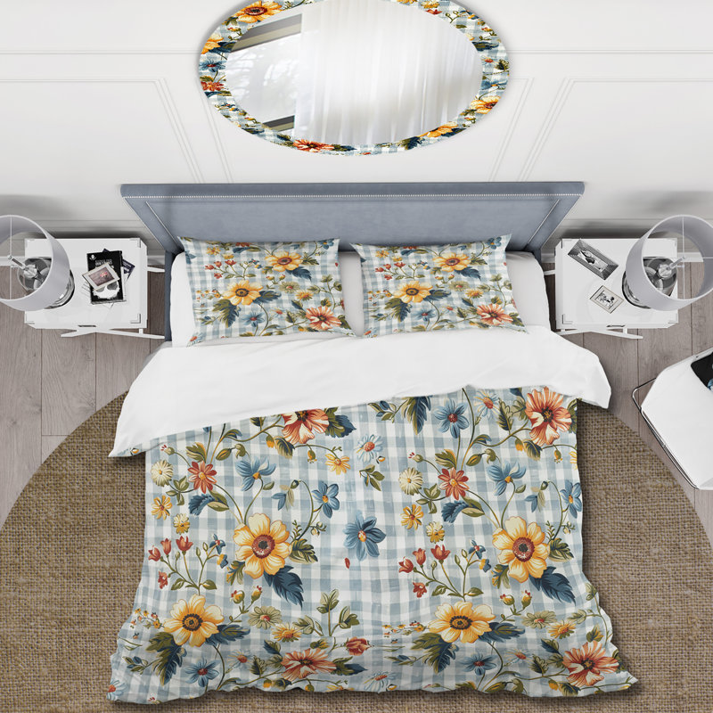 Ensemble de housse de couette à motif guingan à motif floral jaune et vert, Housse de couette pour grand lit + 2 taies décora