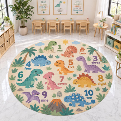 "Ultra Thin" 6' x 6' Dinosaur Number Learning Round Area Rug, Soft Low Pile Indoor Rug and Non-Slip Silicone Backing Carpet for Classroom, Nursery, Kids Room and Playroom