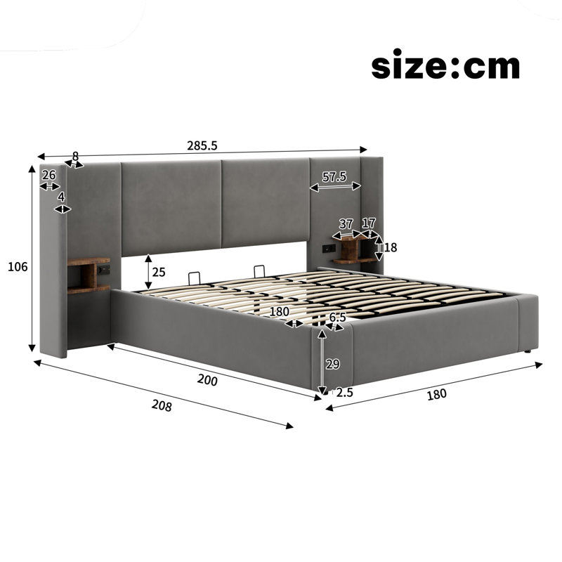 Upholstered Velvet Lift Up Storage Bed, Super King (6')