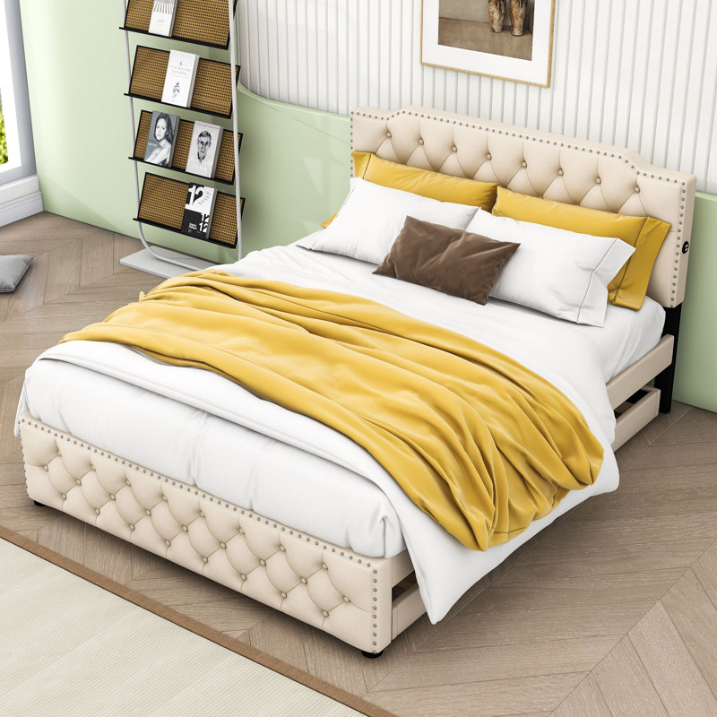 Grand lit plateforme tapissier en lin Pundlee avec lit gigogne simple et ports USB, Beige