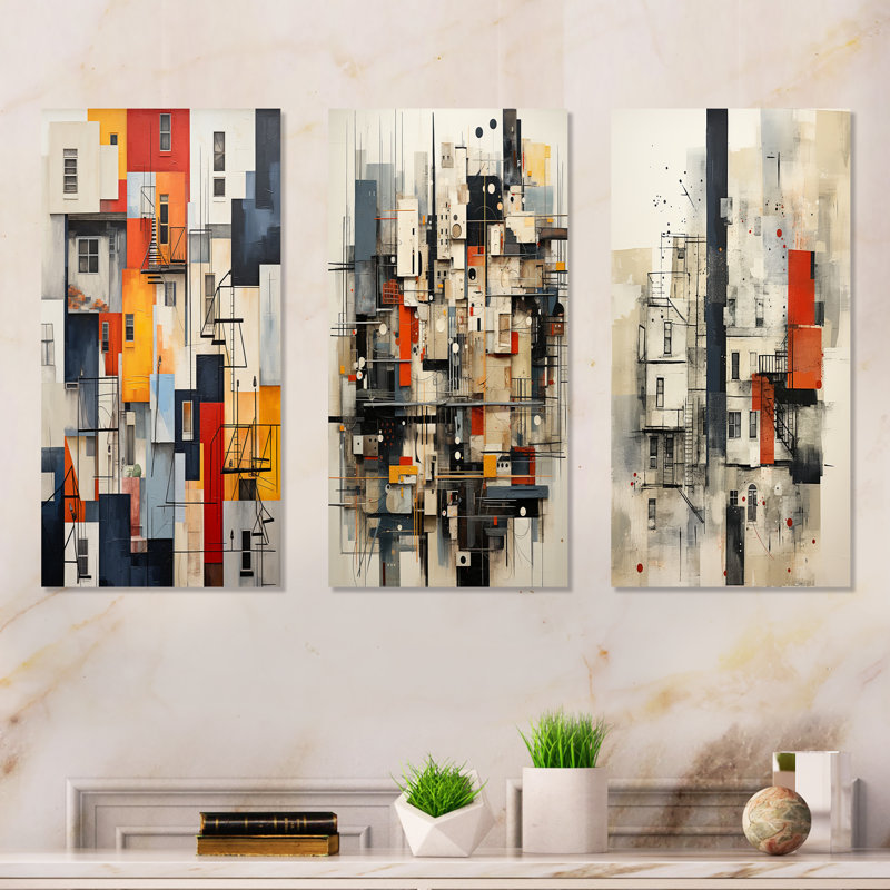Abstrait paysage urbain Harlem Renaissance - ensemble de 4 impressions sur toile de bâtiments de la ville, H 28 po x l 36 po