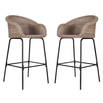 Ladd Outdoor Metal Wicker Barstool, Light Brown Faux Wicker, Set Of 2