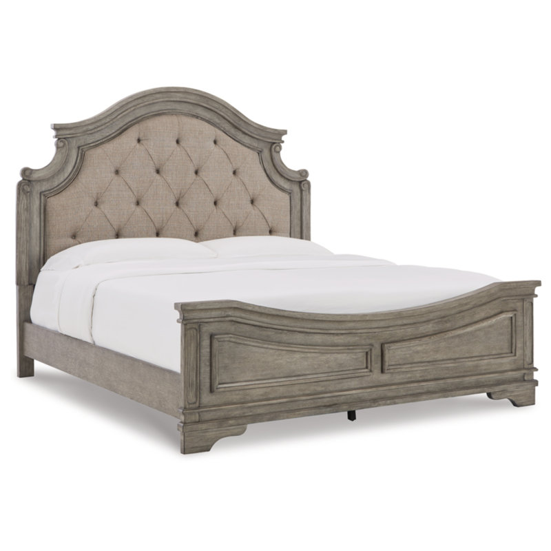 Transitional Gray Upholstered California King Bed with Drawer