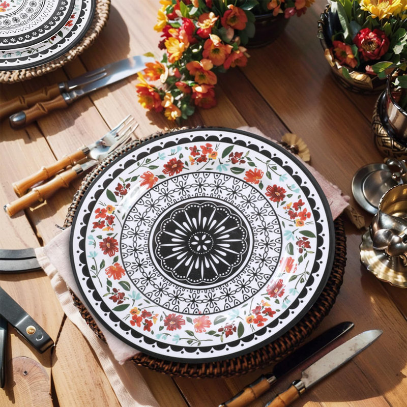 Retro Flower Black and White Melamine Dinnerware Set, Service for 4