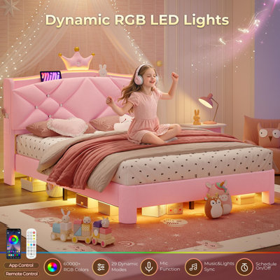 Crown-Style Velvet Upholstered Platform Storage Bed with LED Light Kids Bedroom Furniture