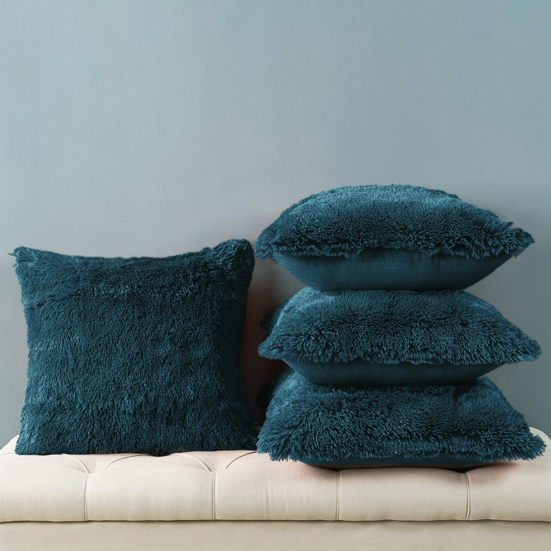 Shaggy Faux Fur Square Throw Pillow Cover, Teal