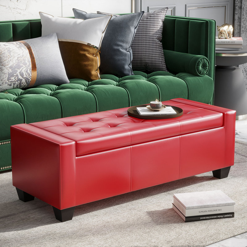 Bright Red Tufted Faux Leather Storage Footstool Bench