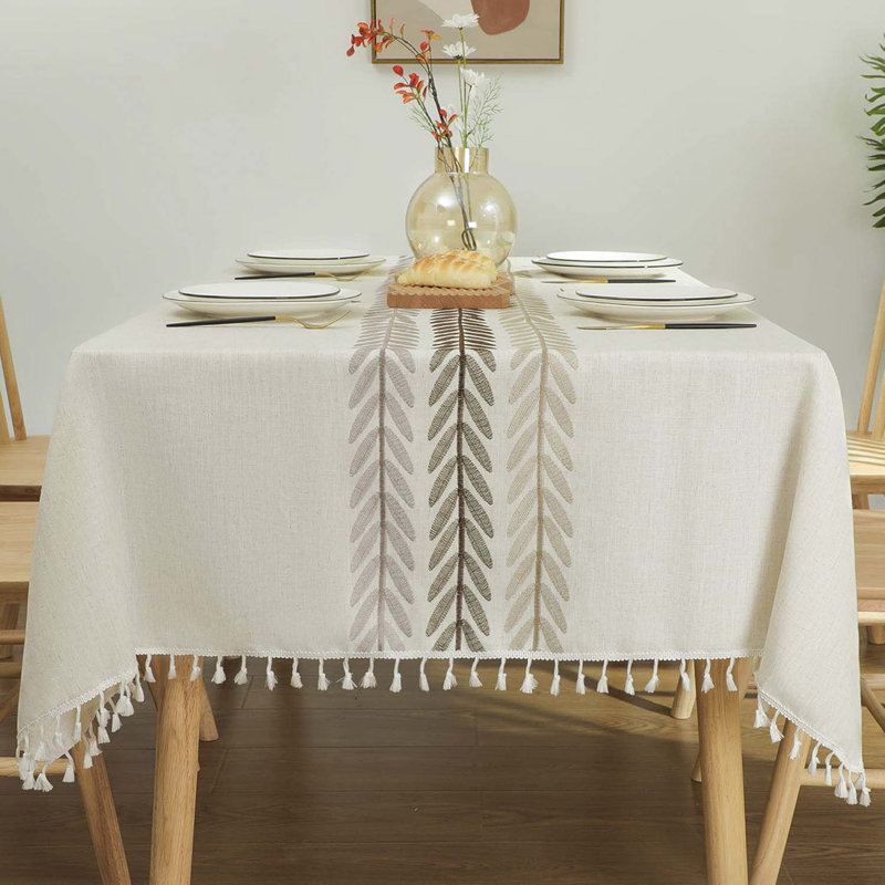 Rustic Cotton Linen Table Cloth,Tablecloths For 6 Foot Rectangle Tables,Waterproof Washable Tablecloth With Tassel Rectangle/Oblong, 55''X 86'', 6-8 Seats