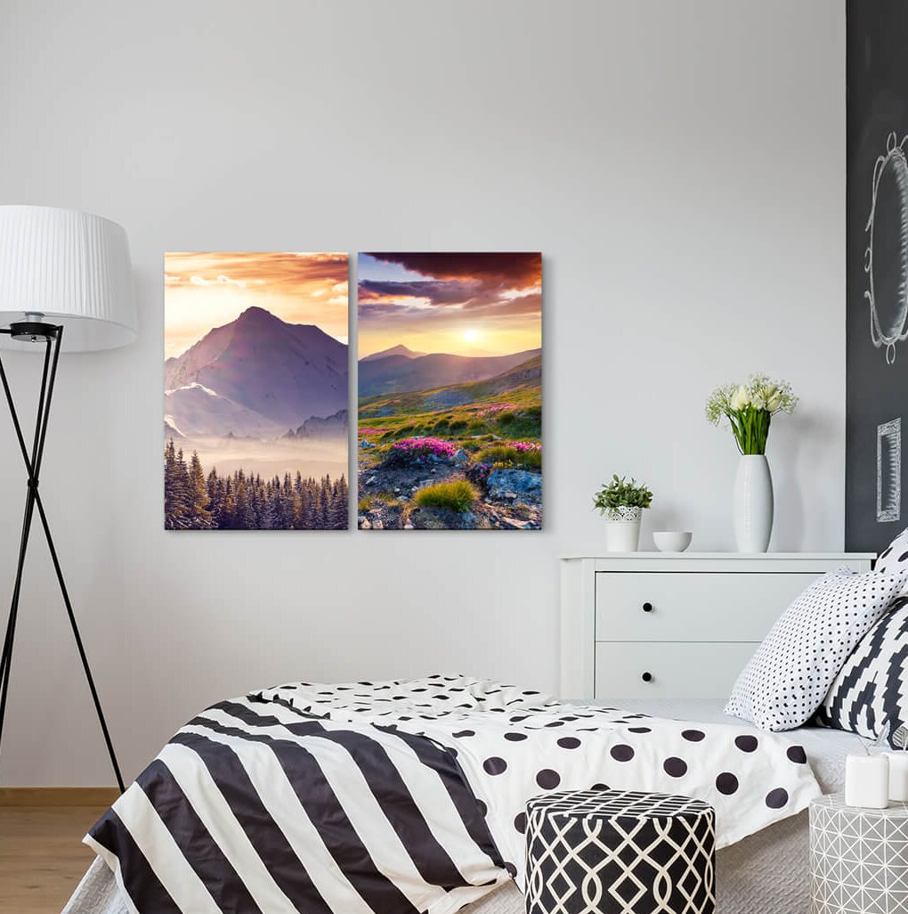 2-tlg. Leinwandbilder-Set - Fotografie „Fir Forest Sublime Nature Fog Sunset Mountain Meadow”