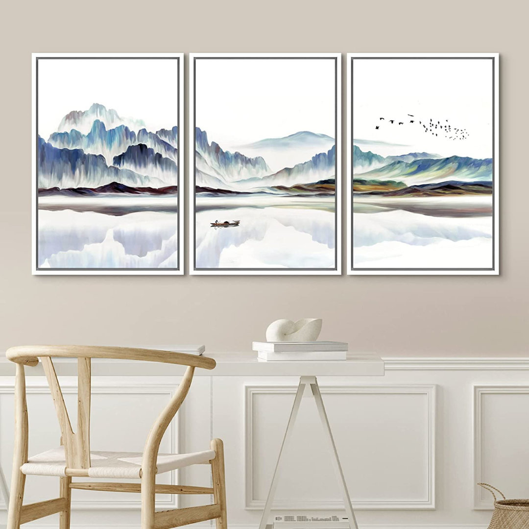 Abstract Landscape Boat In Lake Mountain Nature Landscape Modern Pictures Framed Canvas 3 Piece Painting Print Wall Art IDEA4WALL Frame 
