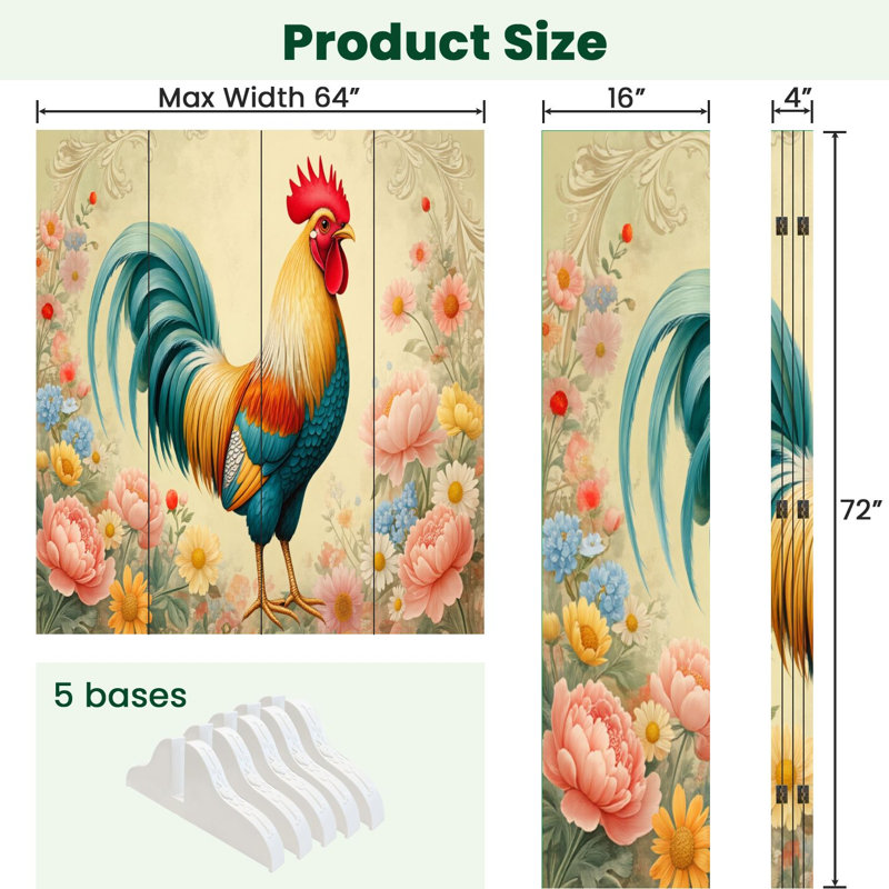 Paravent rustique 4 panneaux paravent Royal Rooster, H 71 po x l 64 po x P 1 po, 4