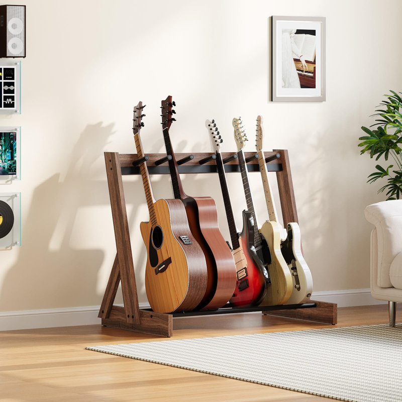 Guitar Stand, Hardwood Guitar Rack For Multiple Instruments, Multi-Guitar Storage For 3 Acoustic, 5-6 Electric Or Bass, Wooden Floor Acoustic Stand, Instrument Rack Holder, For Home Music Studio, Walnut And Black