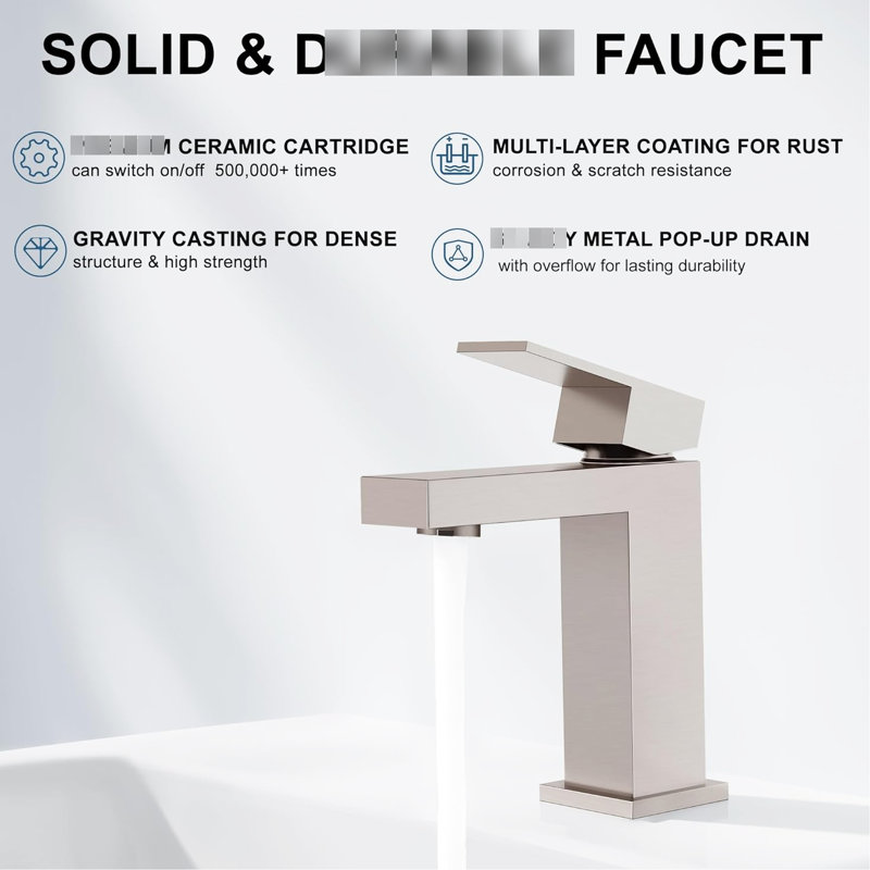 Brushed Nickel Single Handle Bathroom Sink Faucet, Square Design, Water - Saving, Soft To Touch, Upgraded Cartridge Solid Brass Vanity Rustproof, Easy Clean