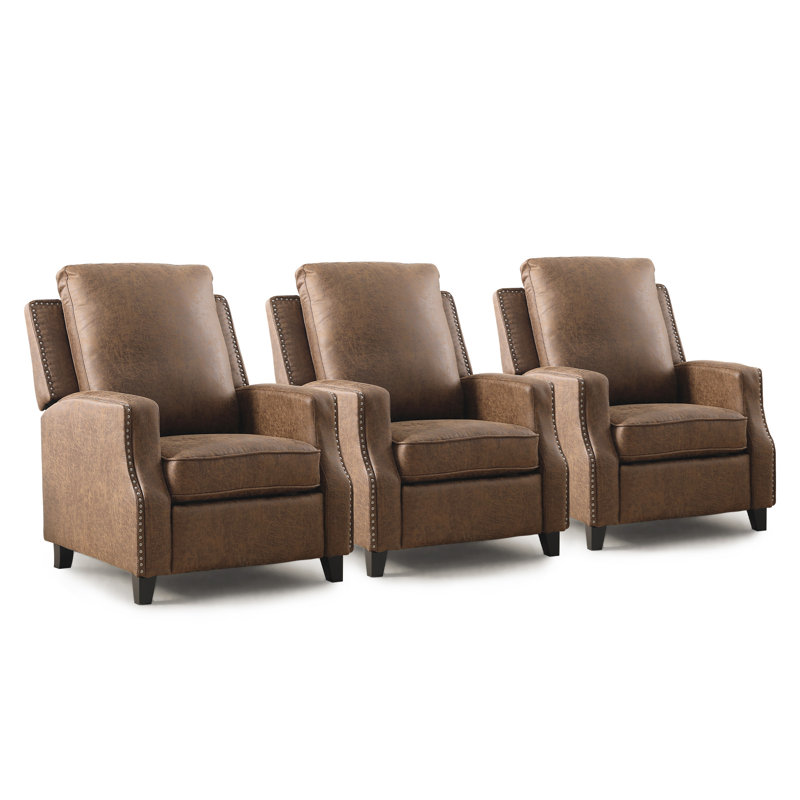 Fauteuil inclinable de 31,1 po en similicuir avec garniture cloutée (ensemble de 3), Brun