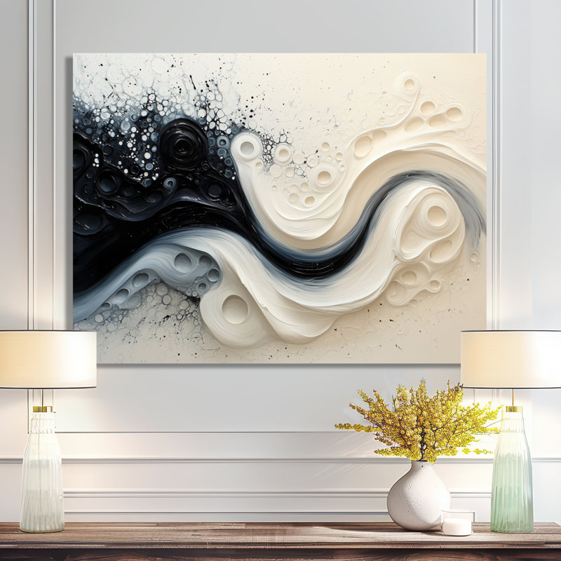 Cheadle noir et blanc, Sprial, encre rythmique, rivière II - goutte, peinture, art mural, H 24 po x l 32 po, Toile tendue