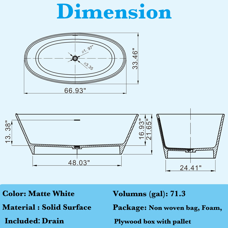 66.9-Inch Oval Freestanding Solid Surface Soaking Bathtub With Drain