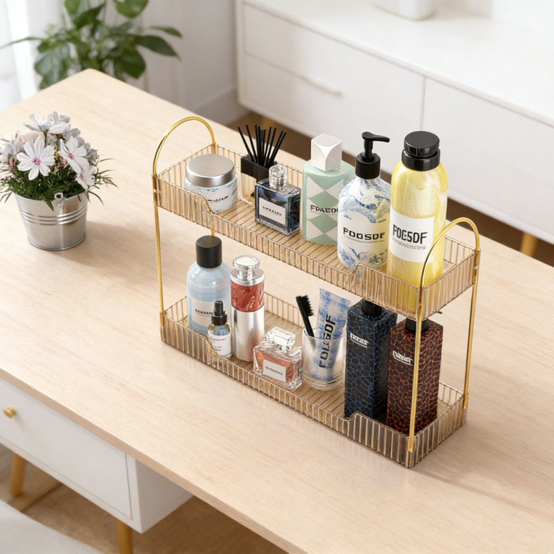 Organisateur de maquillage étroit et rangement, organisateur de meuble-lavabo rectangulaire à 2 niveaux pour parfums de cosmétiques, organisateur de comptoir de salle de bain et de commode avec garde-corps surélevé