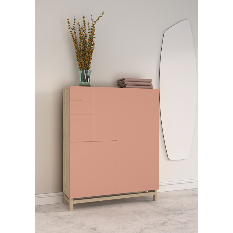 18 Pair Shoe Storage Cabinet, Pink/Light Oak