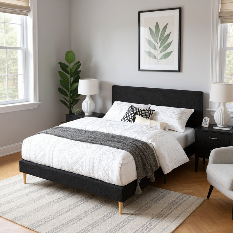 Upholstered Platform Bed, Black, Queen