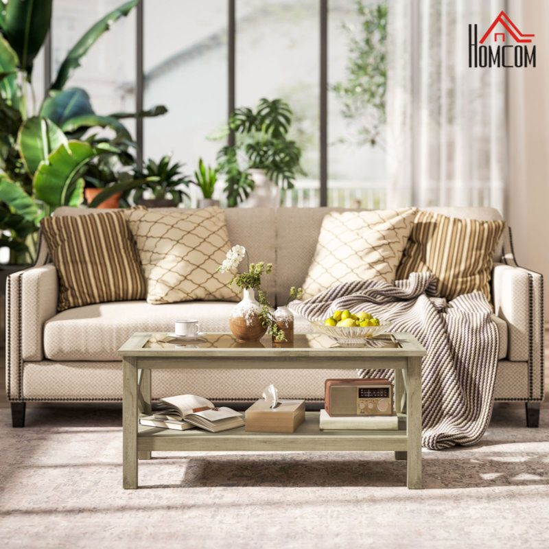 Gray Wood and Glass Coffee Table with Storage Shelf