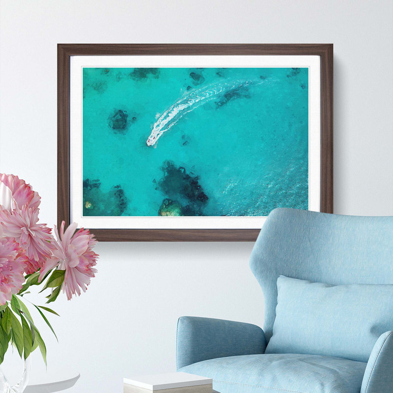 Boat Passing over the Ocean in Corfu Greece - Picture Frame Graphic Art Print, 36cm H x 48cm W x 2cm D, Walnut Framed