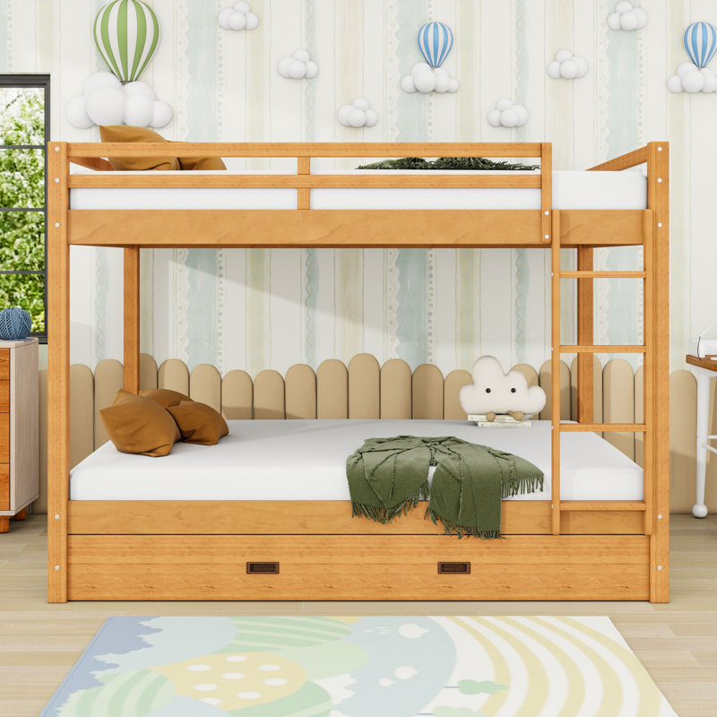 Queen Over Queen Wood Bunk Bed With Ladder And Twin XL Trundle, Wood