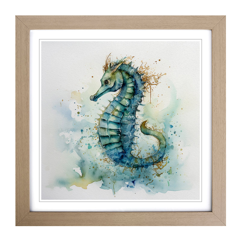Seahorse Watercolour Framed Print, Oak