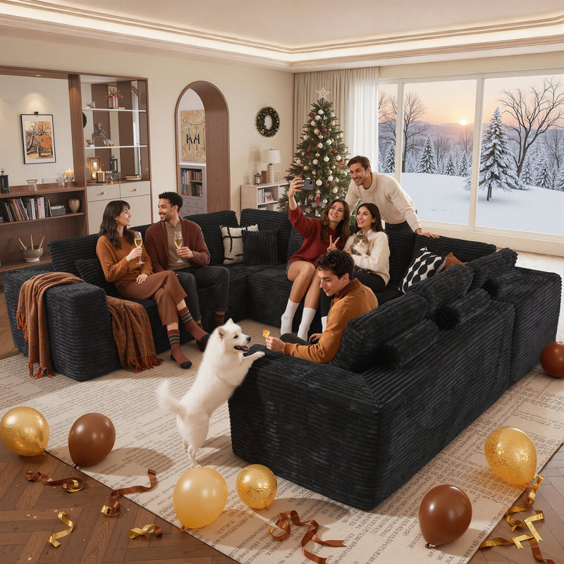 Koyu Boneless Cloudelle Compression Packed 5-Piece U-Shaped Plush Corduroy Sectional Sofa – Deep Seat, No Assembly