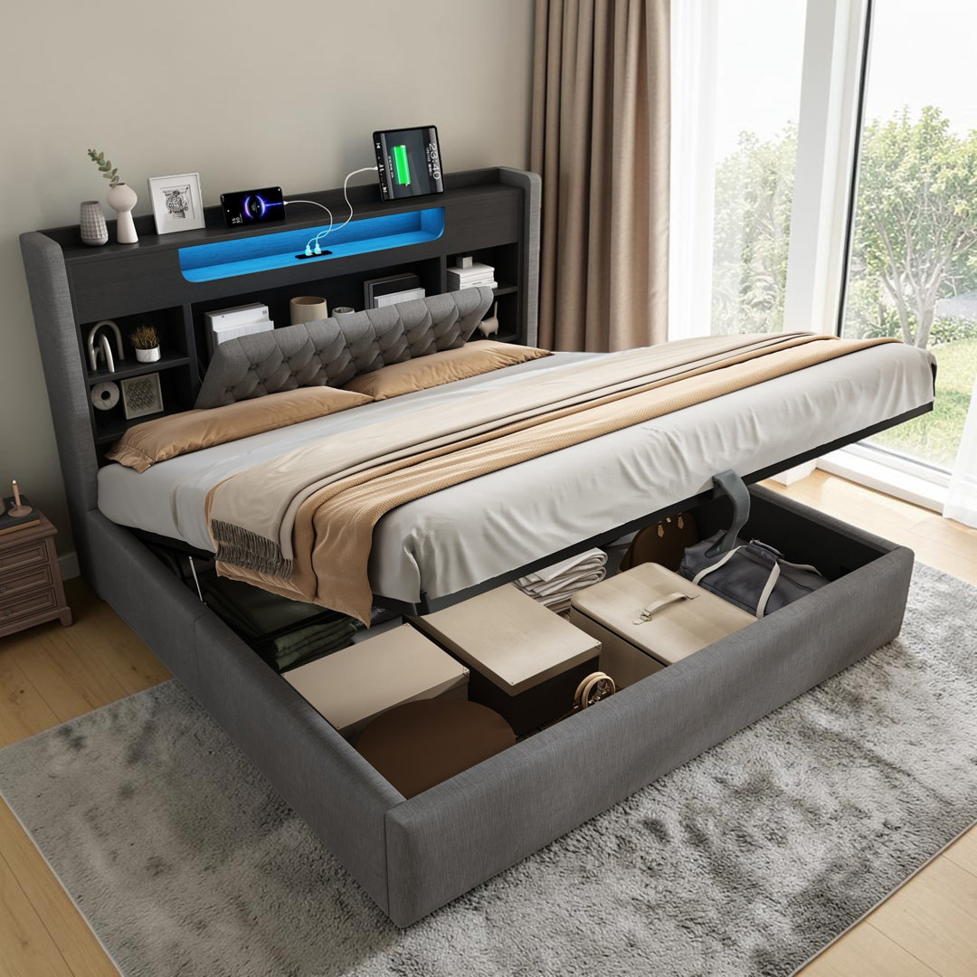 Linen 4ft6 Double Bed with Hydraulic Storage Upholstered Bed Frame with LED Lighting & Charging Station, Storage Headboard (No Mattress)