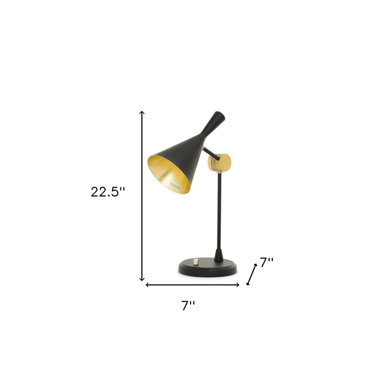 Two pieces of Devansh 23" Black Metal Geometric Desk Table Lamps With Black and Gold Cone Shade