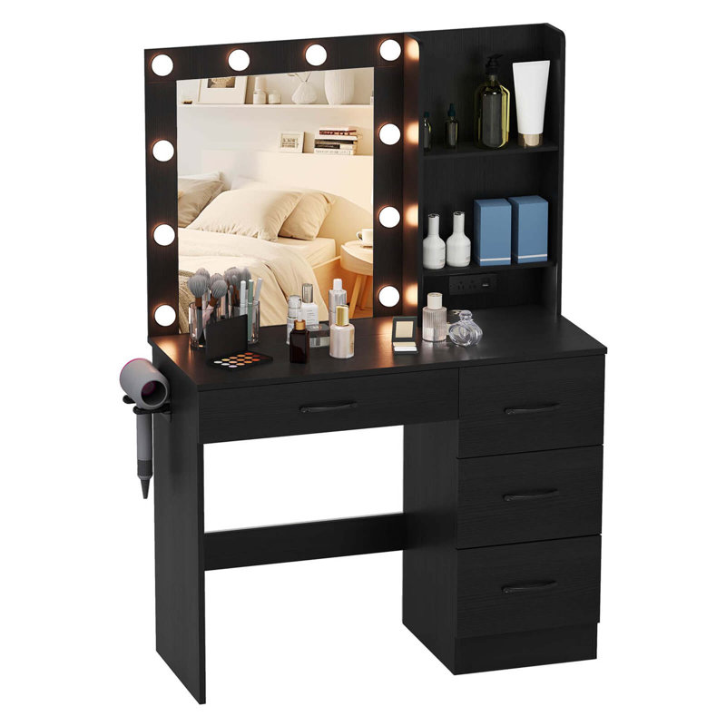 Bureau de maquillage avec miroir et lumières, Noir, noir, noir, noir