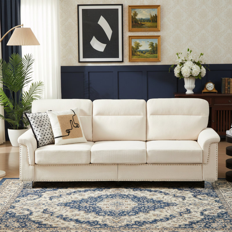 Canapé 3 places avec têtes de clou et coussin, Beige
