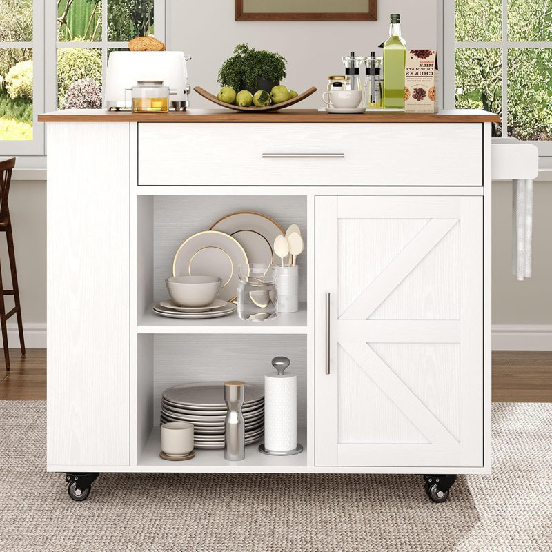 Island Table for Kitchen,Rolling Microwave Cart with Storage , White