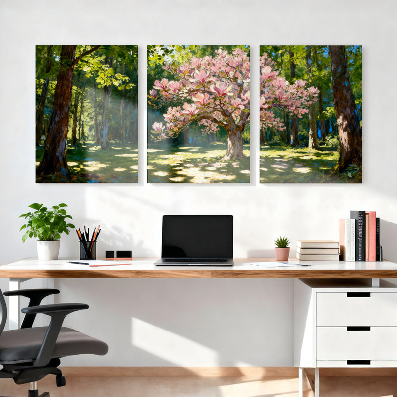 Ensemble de 3 tableaux sur toile représentant un cerisier en fleurs roses dans une forêt, H 30 po x l 60 po