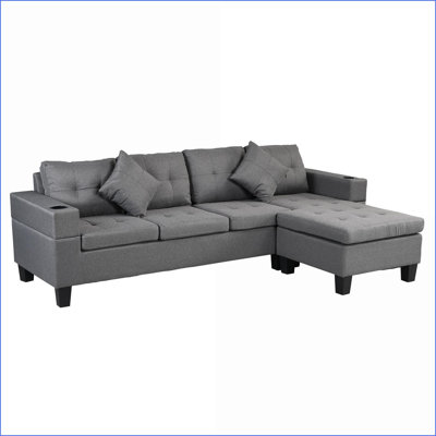 Canapés modulaires de salon, en forme de L moderne à 4 places avec méridienne gauche / droite, 2 porte-gobelets, gris ardoise | Gris | Tissu