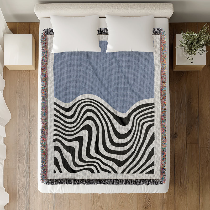 Jeté en mélange de coton Acor, Bleu / blanc cassé, L 70 po x l 50 po