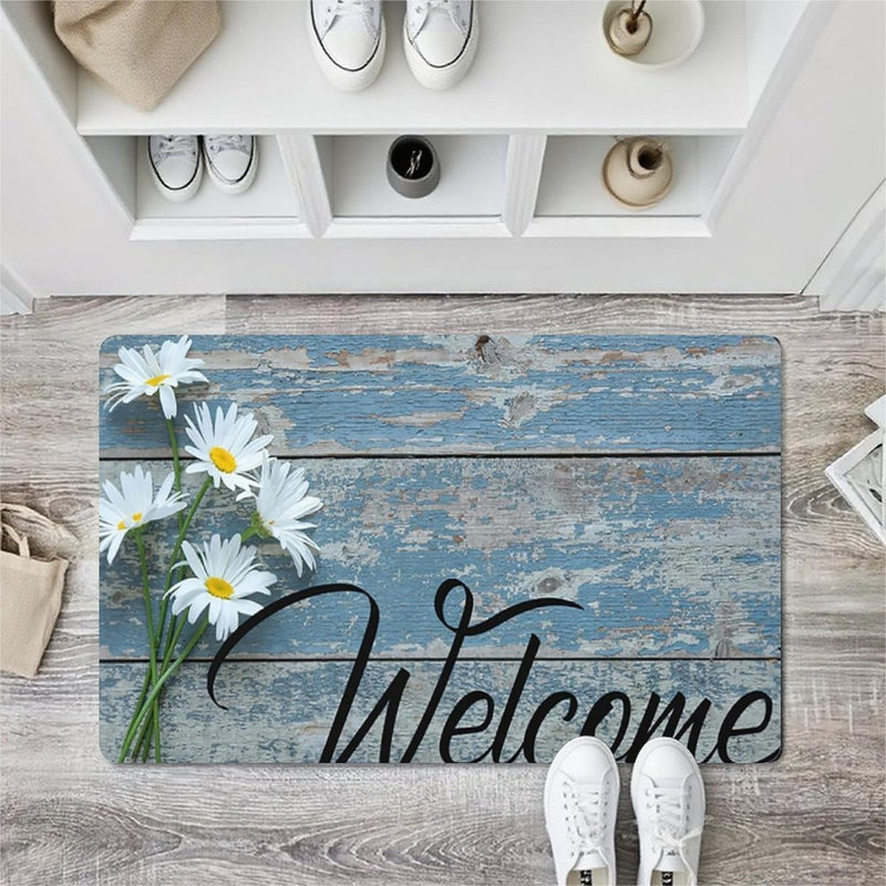 Tapis d'entrée et de patio rétro 24 po x 36 po, bleu et blanc