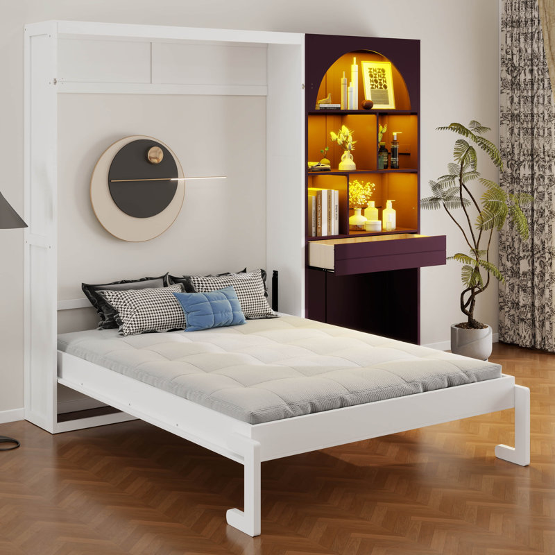 Lit escamotable avec armoire arquée, lit escamotable encastré à DEL, tiroir escamotable, plusieurs compartiments ouverts