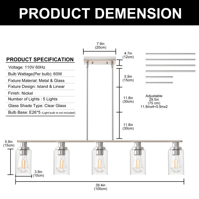 Asa 5 - Light Nickel Kitchen Island Pendant, Brushed Nickel
