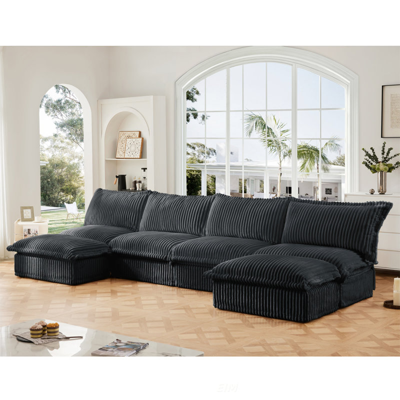 Slipcovered U-Shape 4 Seater Sectional Sofa With Reversible Ottoman, Deep Seat Comfort And Elegant Corduroy Design