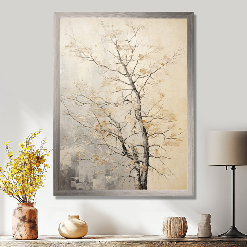 Chêne beige arbres solitude I - grand art mural chêne, H 32 po x l 16 po x P 1 po, Cadre simple argenté