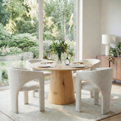 Ensemble de table de salle à manger ronde à ovale de 47 po à 83 po, table de salle à manger moderne à piédestal en bois avec chaises demi-tonneau rembourrées